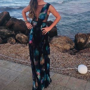 Bebe Pleated Black/Watercolor Maxi Dress
